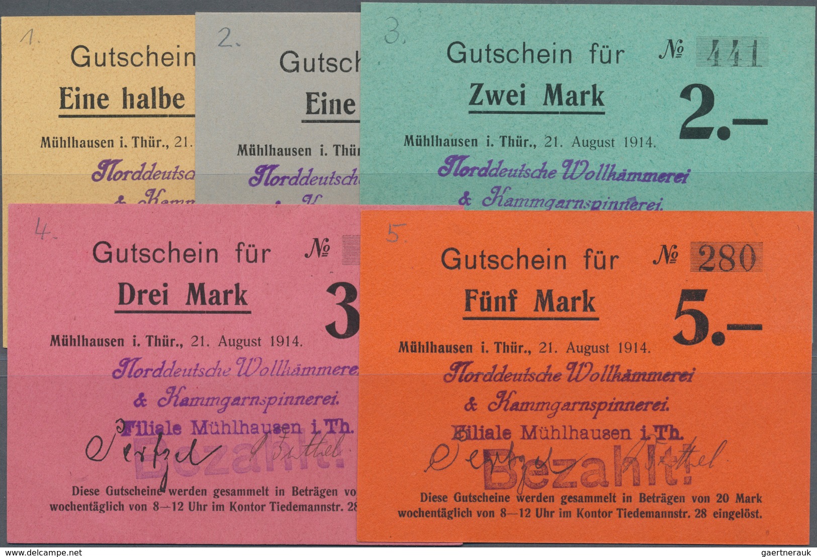 Deutschland - Notgeld - Thüringen: Mühlhausen, Norddeutsche Wollkämmerei & Kammgarnspinnerei, 1/2, 1 - Lokale Ausgaben