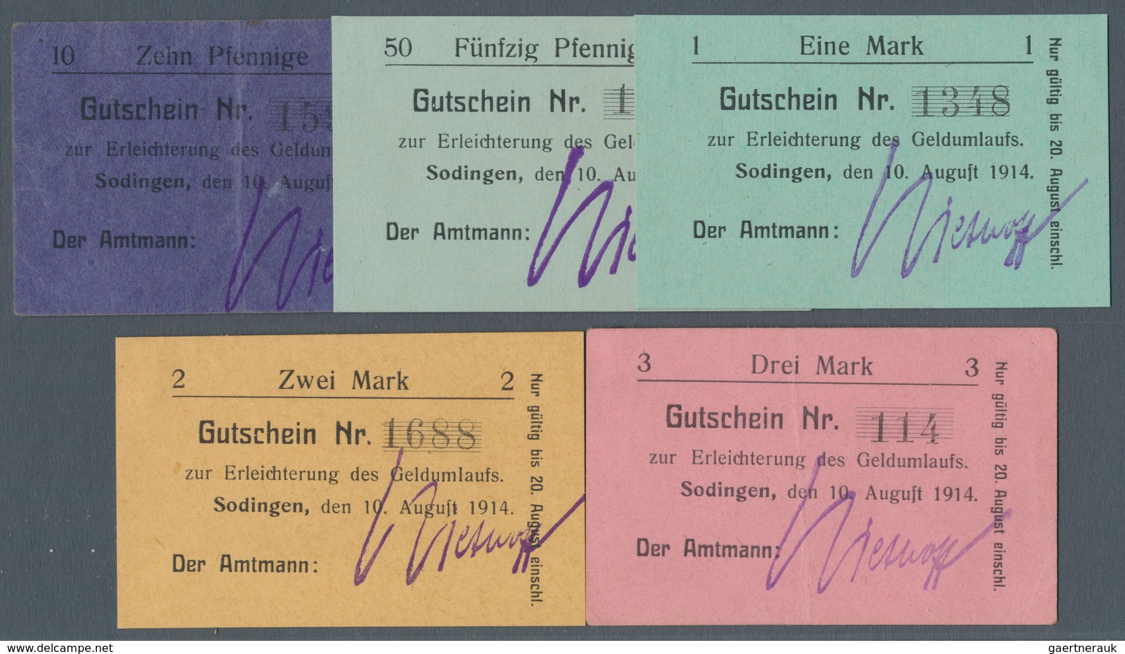 Deutschland - Notgeld - Westfalen: Sodingen, Amtmann, 10, 50 Pf., 1, 2, 3 Mark, 10.8.1914, Erh. Meis - Altri & Non Classificati