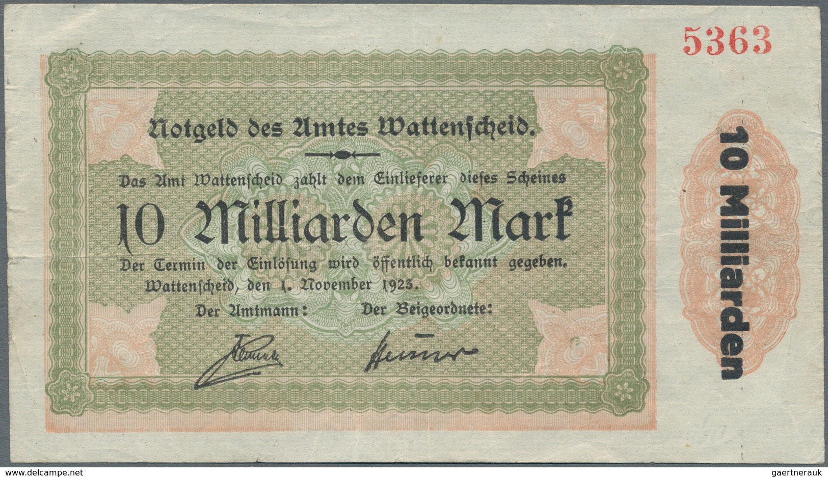 Deutschland - Notgeld - Westfalen: Wattenscheid, Amt, 10 Mrd. Mark, 1.11.1923, Erh. III, Von Großer - Altri & Non Classificati