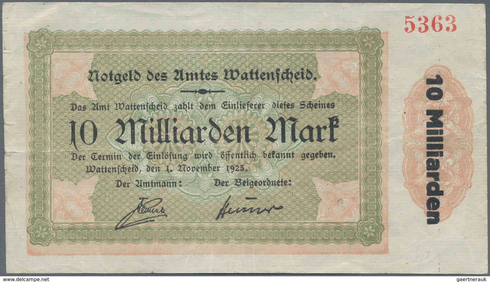 Deutschland - Notgeld - Westfalen: Wattenscheid, Amt, 10 Mrd. Mark, 1.11.1923, Erh. III, Von Großer - Other & Unclassified