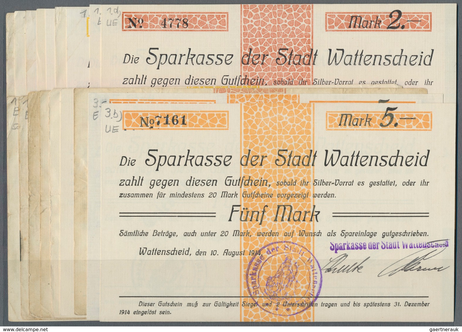 Deutschland - Notgeld - Westfalen: Wattenscheid, Sparkasse Der Stadt, 50 Pf. (4), 1 (6), 2 (5), 5 (3 - Sonstige & Ohne Zuordnung