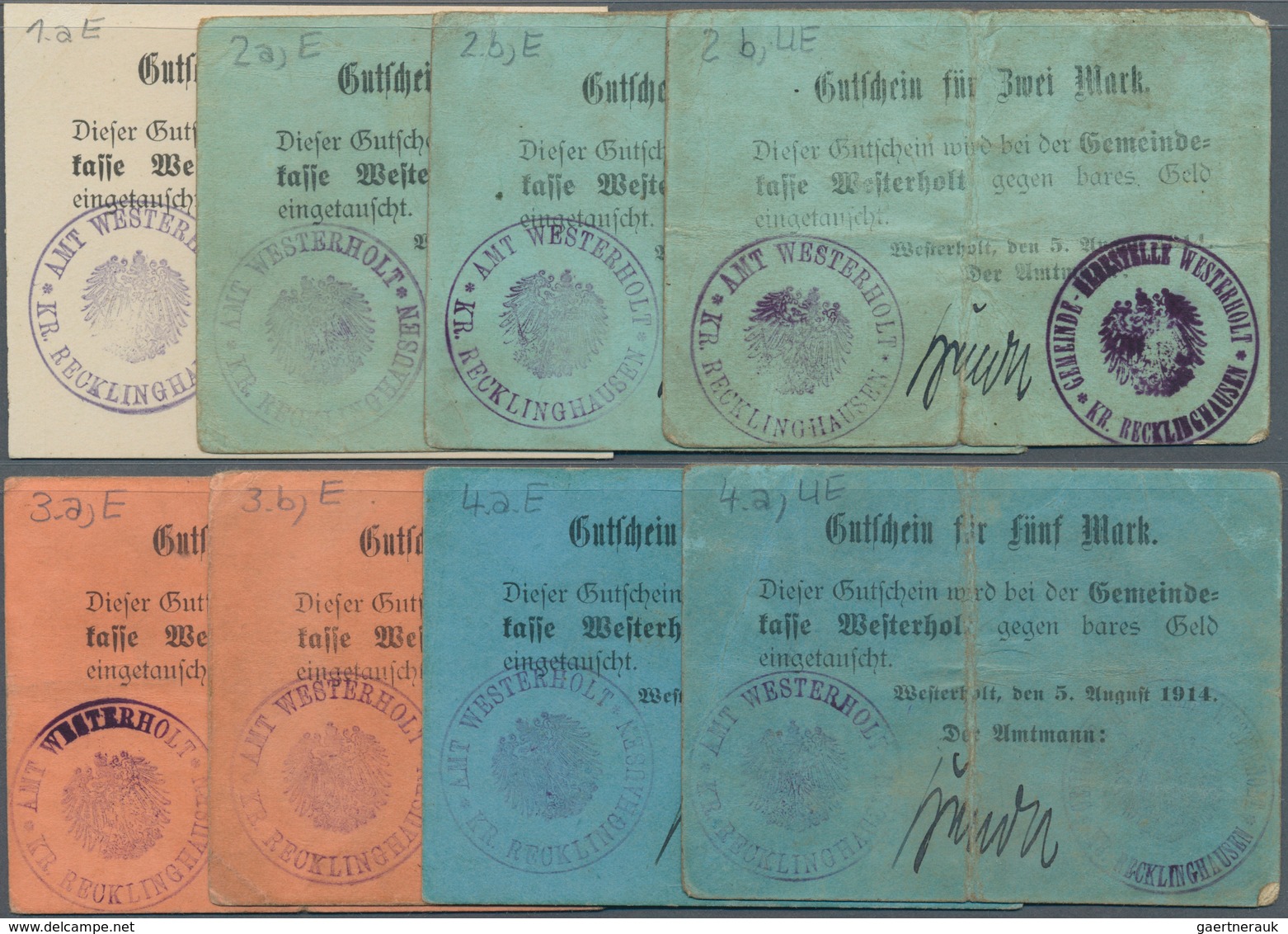 Deutschland - Notgeld - Westfalen: Westerhold, Amtmann, 1, 2 (3), 3 (2), 5 (2) Mark, 5.8.1914, Druck - Sonstige & Ohne Zuordnung