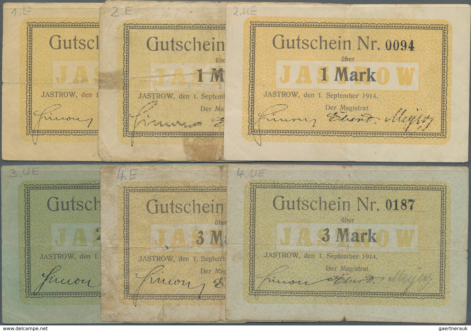 Deutschland - Notgeld - Ehemalige Ostgebiete: Jastrow, Westpreußen, Magistrat, 1/2 (entwertet), 1 (2 - Other & Unclassified