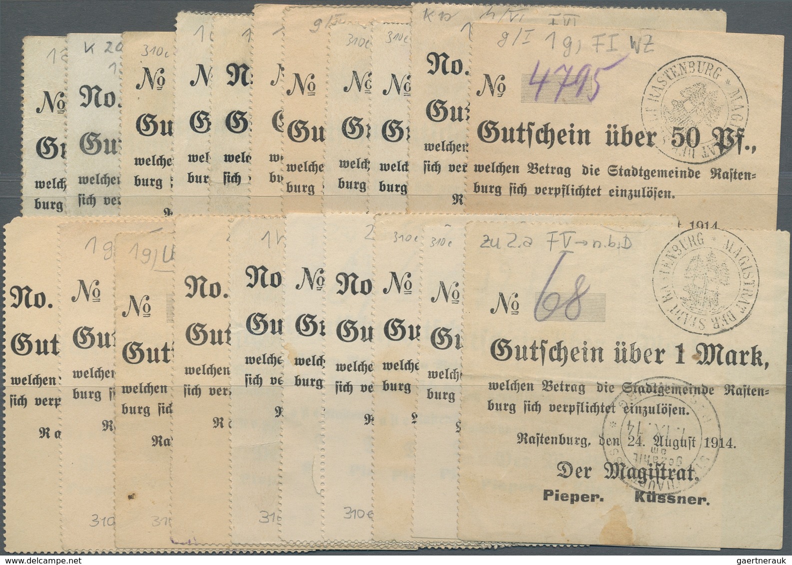 Deutschland - Notgeld - Ehemalige Ostgebiete: Rastenburg, Ostpreußen, Magistrat, 16 X 50 Pf., 5 X 1 - Sonstige & Ohne Zuordnung