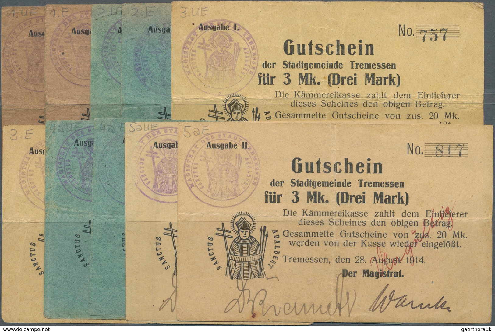 Deutschland - Notgeld - Ehemalige Ostgebiete: Tremessen, Posen, Magistrat, 1/2, 1, 3 Mark, 8.8.1914; - Sonstige & Ohne Zuordnung