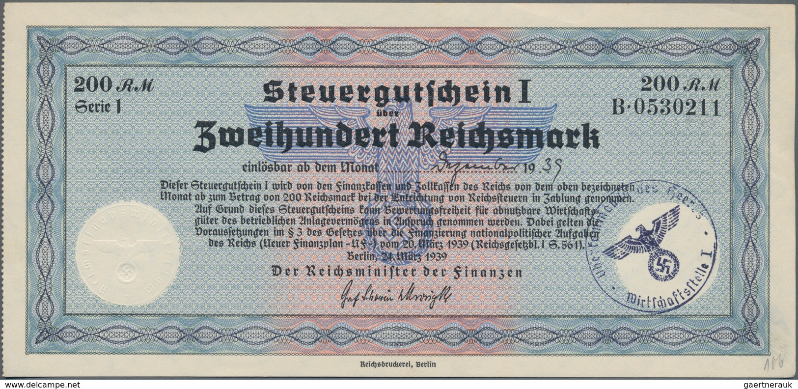Deutschland - Deutsches Reich Bis 1945: Steuergutscheine. Lot Von 5 Steuergutscheinen I Zu 200 RM 19 - Otros & Sin Clasificación