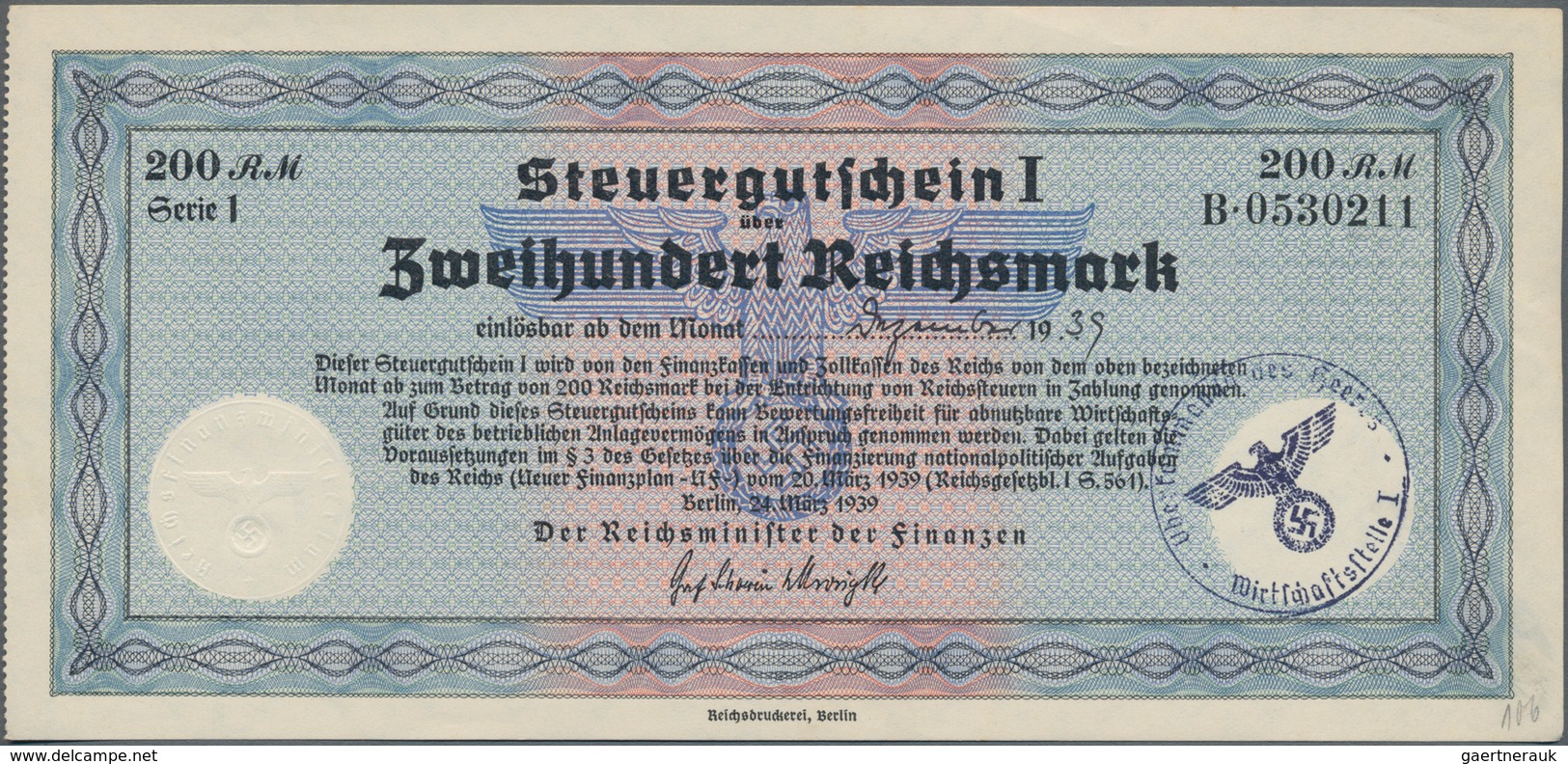 Deutschland - Deutsches Reich Bis 1945: Steuergutscheine. Lot Von 5 Steuergutscheinen I Zu 200 RM 19 - Sonstige & Ohne Zuordnung