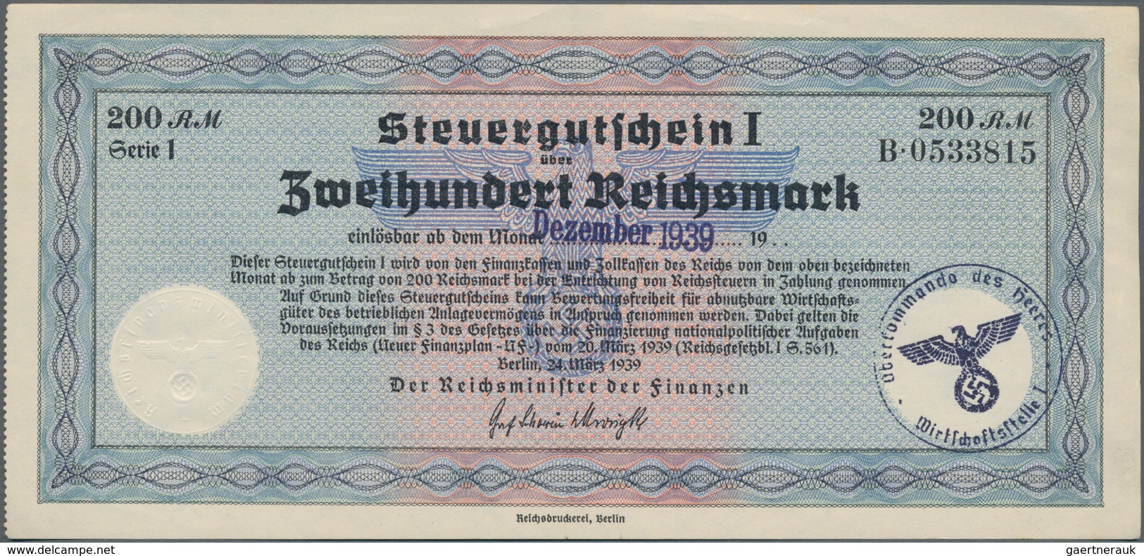 Deutschland - Deutsches Reich Bis 1945: Steuergutscheine. Lot Von 5 Steuergutscheinen I Zu 200 RM 19 - Altri & Non Classificati