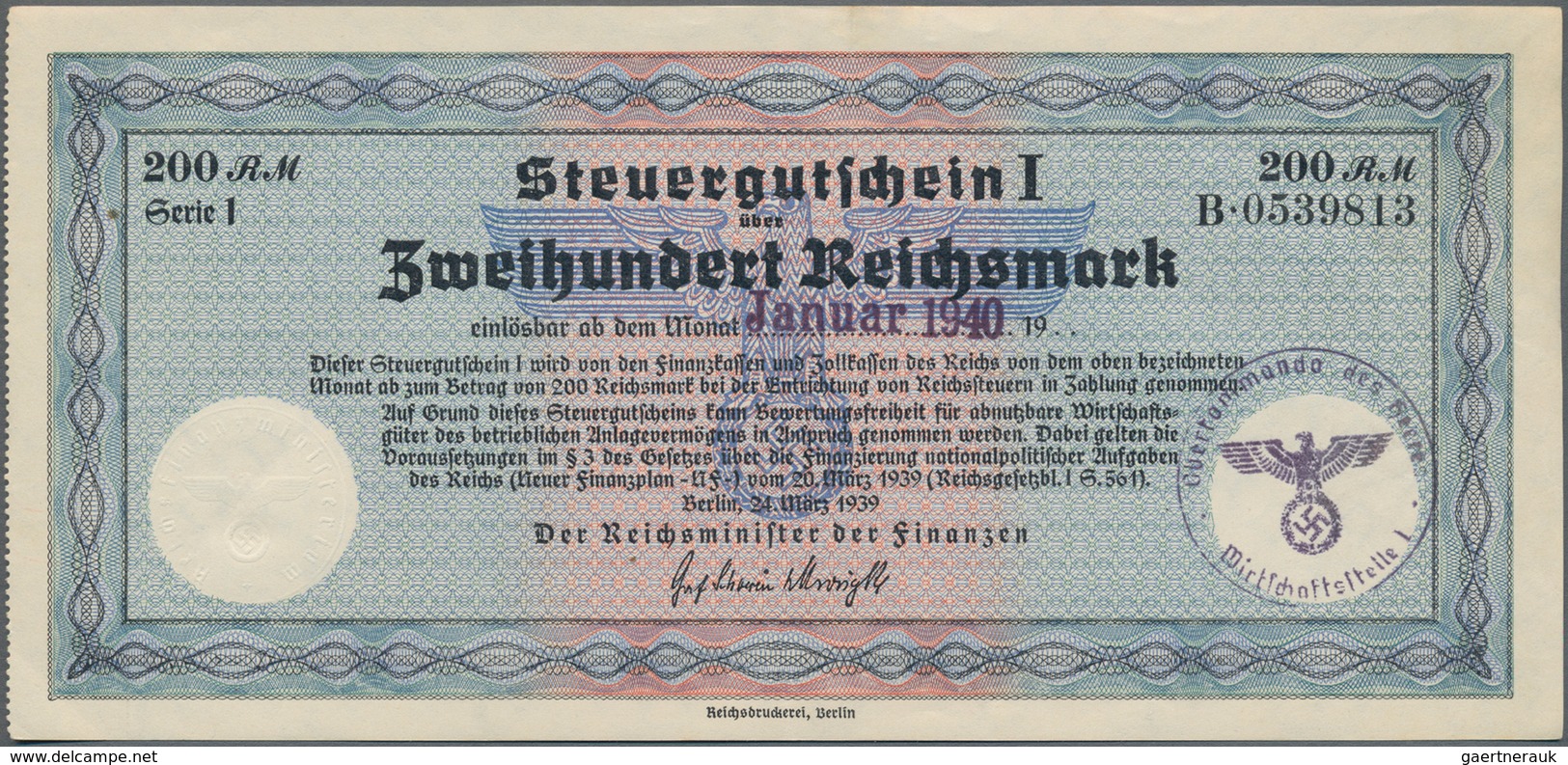 Deutschland - Deutsches Reich Bis 1945: Steuergutscheine. Lot Von 5 Steuergutscheinen I Zu 200 RM 19 - Altri & Non Classificati