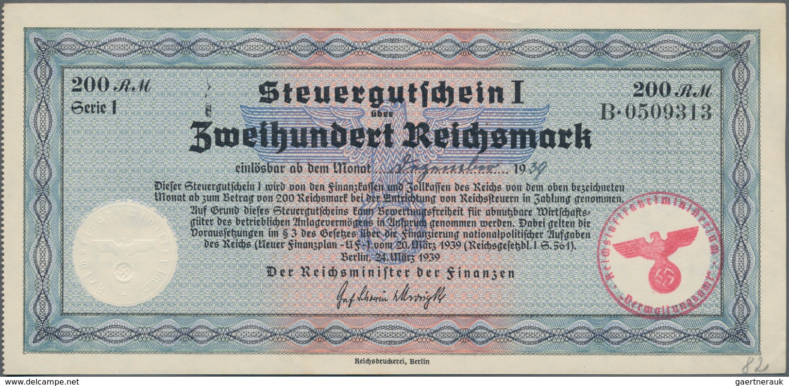 Deutschland - Deutsches Reich Bis 1945: Steuergutscheine. Lot Von 5 Steuergutscheinen I Zu 200 RM 19 - Altri & Non Classificati