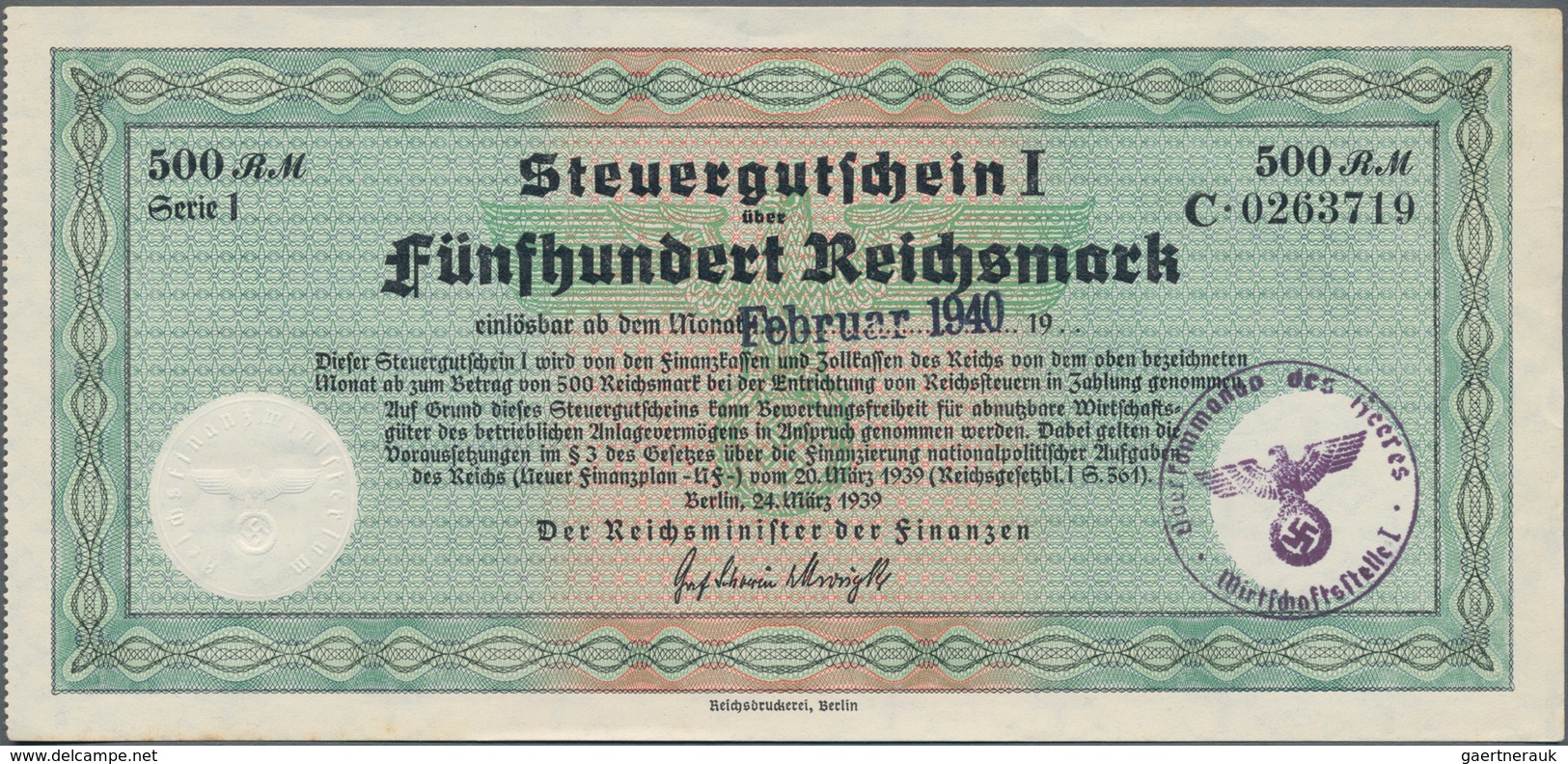 Deutschland - Deutsches Reich bis 1945: Steuergutscheine. Lot von 5 Steuergutscheinen I zu 200 RM 19