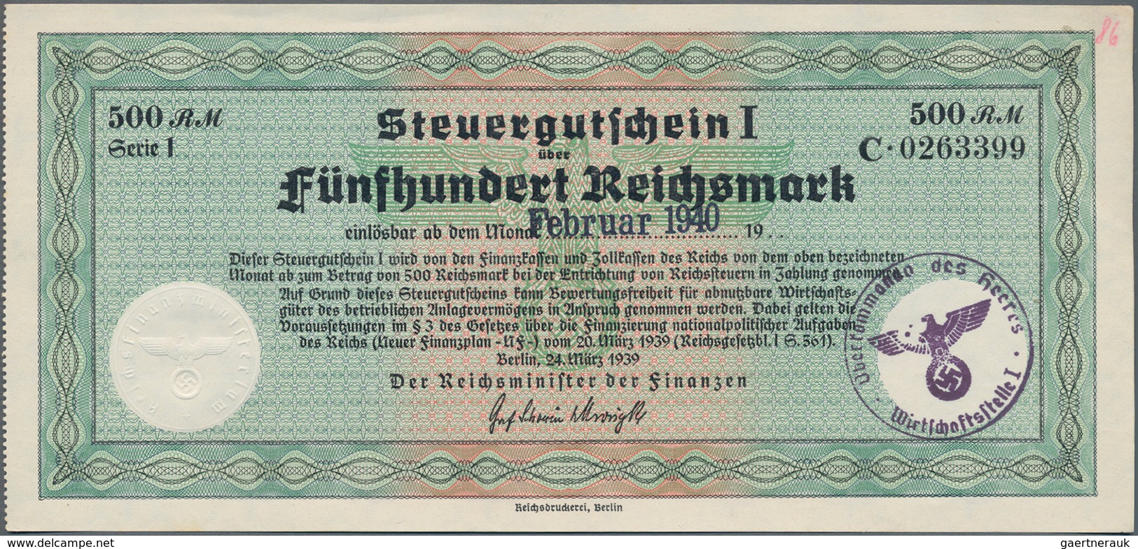 Deutschland - Deutsches Reich bis 1945: Steuergutscheine. Lot von 5 Steuergutscheinen I zu 200 RM 19