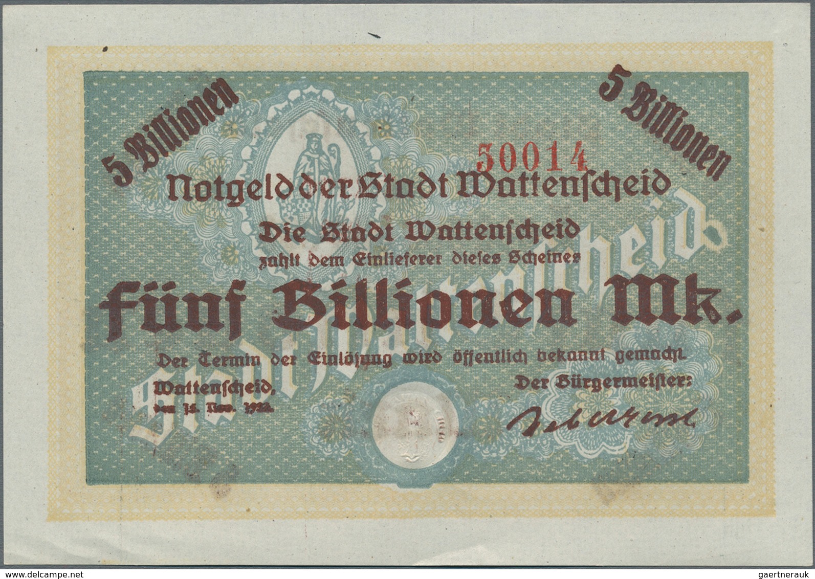 Deutschland - Notgeld - Westfalen: Wattenscheid, Stadt, 5 Billionen Mark, 15.11.1923, 38 Kassenfrisc - Sonstige & Ohne Zuordnung