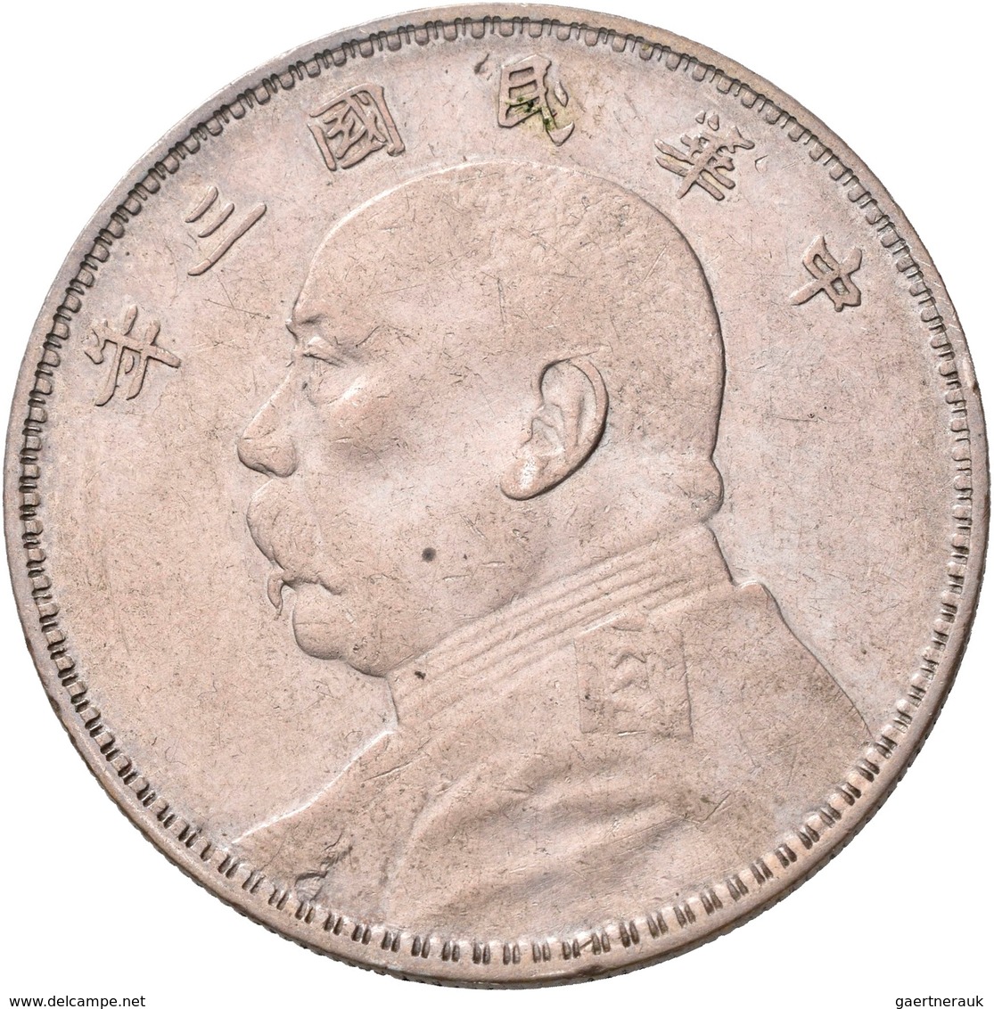 China: AR Dollar, Year 3 (1914), Yuan Shi Kai, KM Y-329, 26,65 G, Kl. Kratzer, Sehr Schön-vorzüglich - China