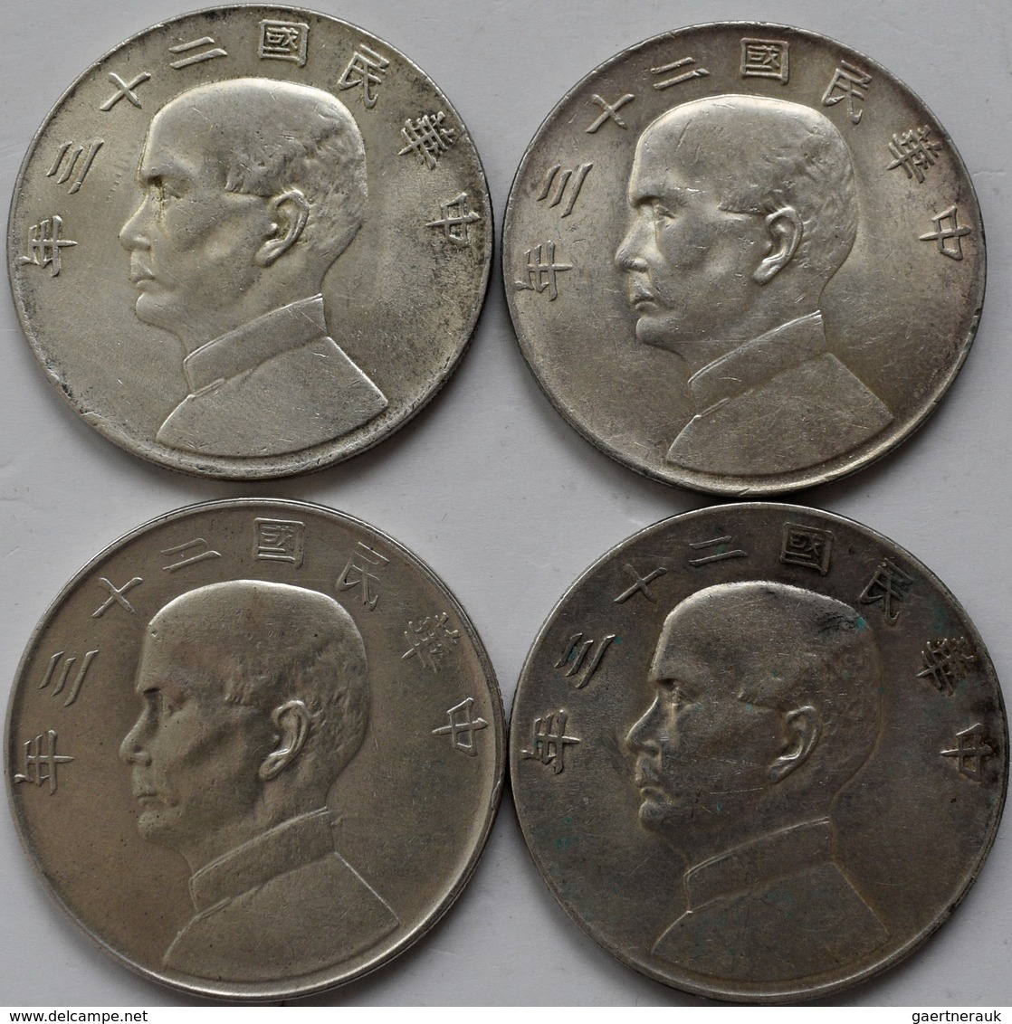 China: Lot 4 Münzen: 1 Dollar Jahr 23 (1934), Präsident Sun Yat Sen / Dschunke, KM# Y 345, 800/1000 - China
