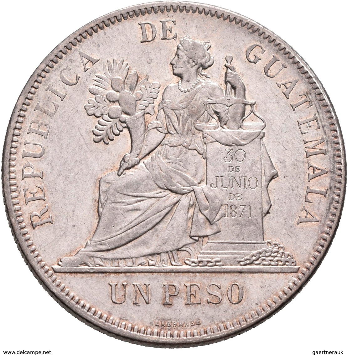 Guatemala: Lot 2 Stück; 1 Peso 1867, KM# 186.1, 24,35 G, Sehr Schön Und 1 Peso 1894, KM# 210, 24,86 - Guatemala