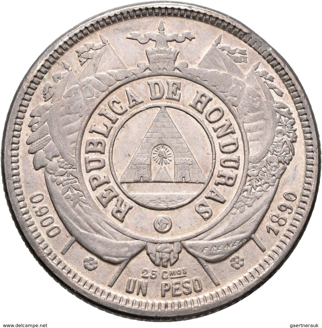Honduras: Silber Peso 1890, KM# 52, 24,92 G, Winz. Kratzer, Fast Vorzüglich. - Honduras