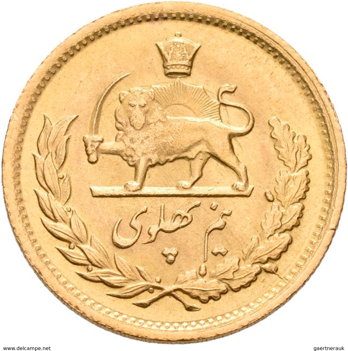 Iran - Anlagegold: Muhammad Reza Pahlavi Shah 1941-1979: ½ Pahlavi SH 1332 = 1953. KM# 1161, Friedbe - Iran