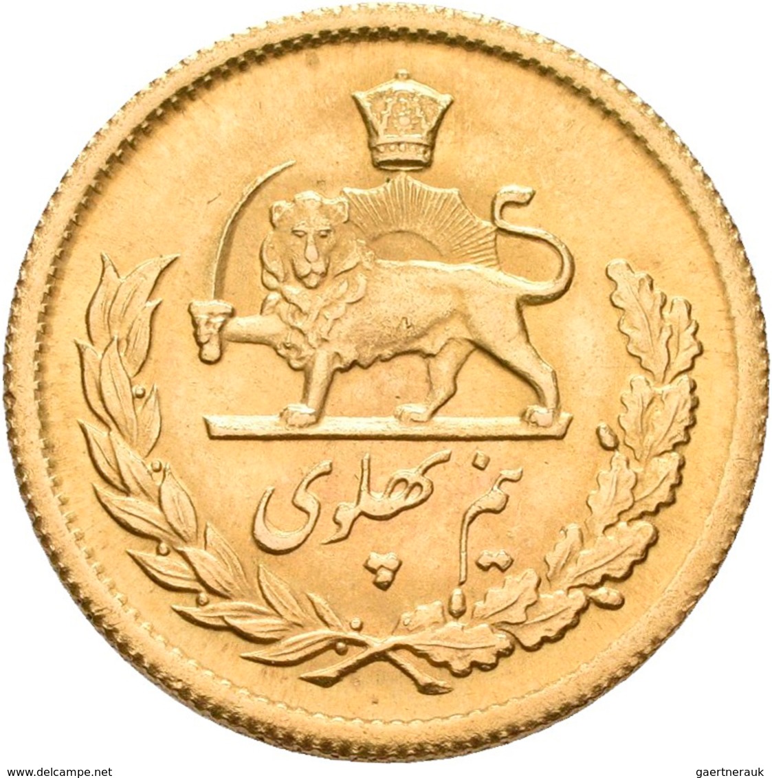 Iran - Anlagegold: Muhammad Reza Pahlavi Shah 1941-1979: ½ Pahlavi SH 1334 = 1955. KM# 1161, Friedbe - Irán