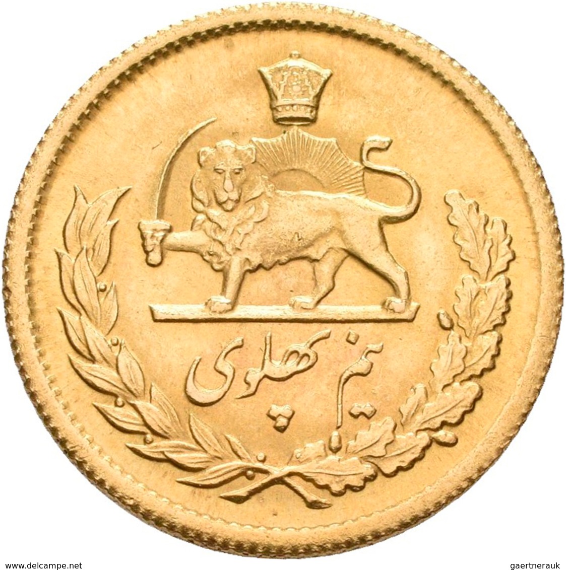 Iran - Anlagegold: Muhammad Reza Pahlavi Shah 1941-1979: ½ Pahlavi SH 1334 = 1955. KM# 1161, Friedbe - Iran