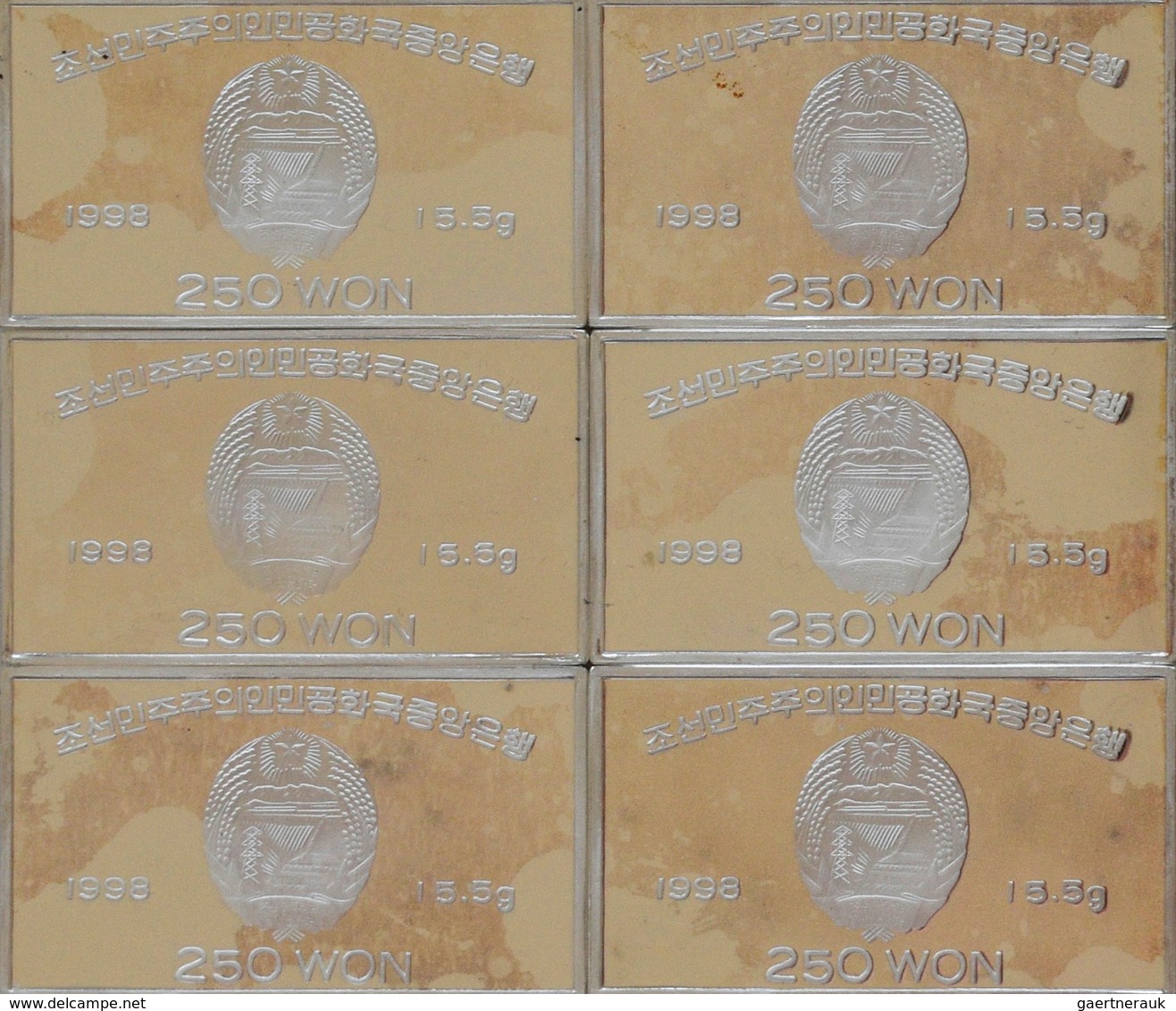 Korea: Nord Korea: Set 6 X 250 Won 1998, Komplettes Mosaik Aus 6 X ½ Unze Silber In Barrenform, Mosa - Sonstige & Ohne Zuordnung