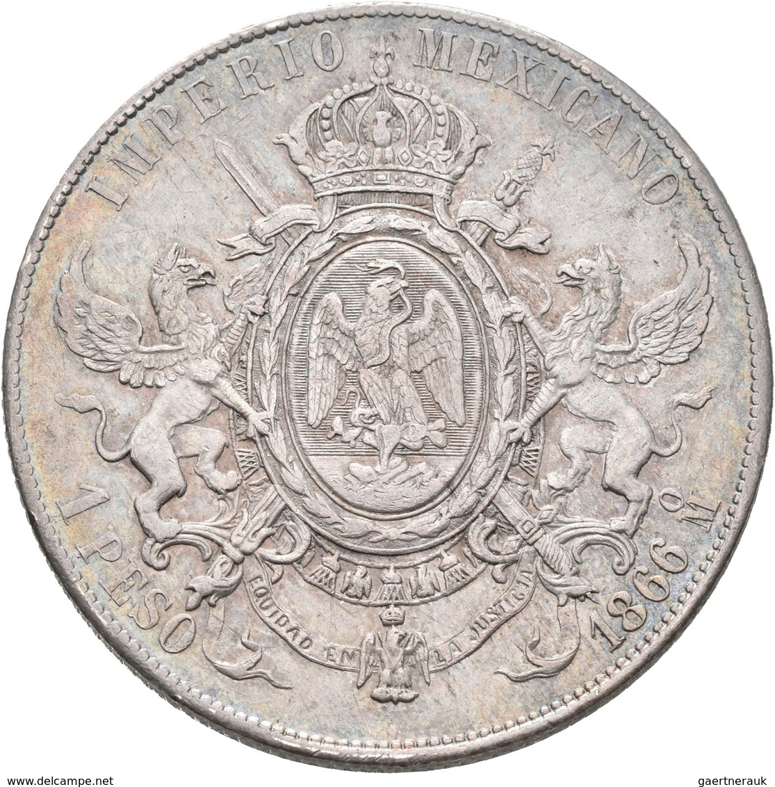 Mexiko: Maximilian I. 1864-1867: Peso 1866 Mo, Mexico City KM#388.1, 27,08 G, Winz. Kratzer, Sehr Sc - Mexiko