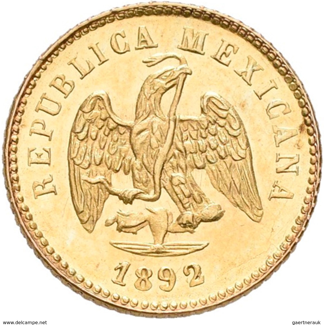 Mexiko: 1 Peso 1892 Mo M. KM# 410.5. 1,69 G, 875/1000 Gold. Vorzüglich. - México