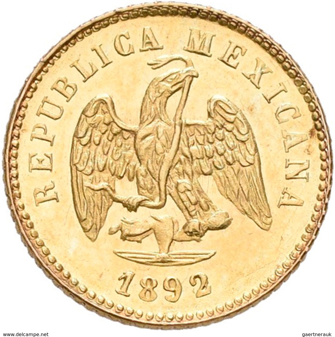 Mexiko: 1 Peso 1892 Mo M. KM# 410.5. 1,69 G, 875/1000 Gold. Vorzüglich. - Mexiko