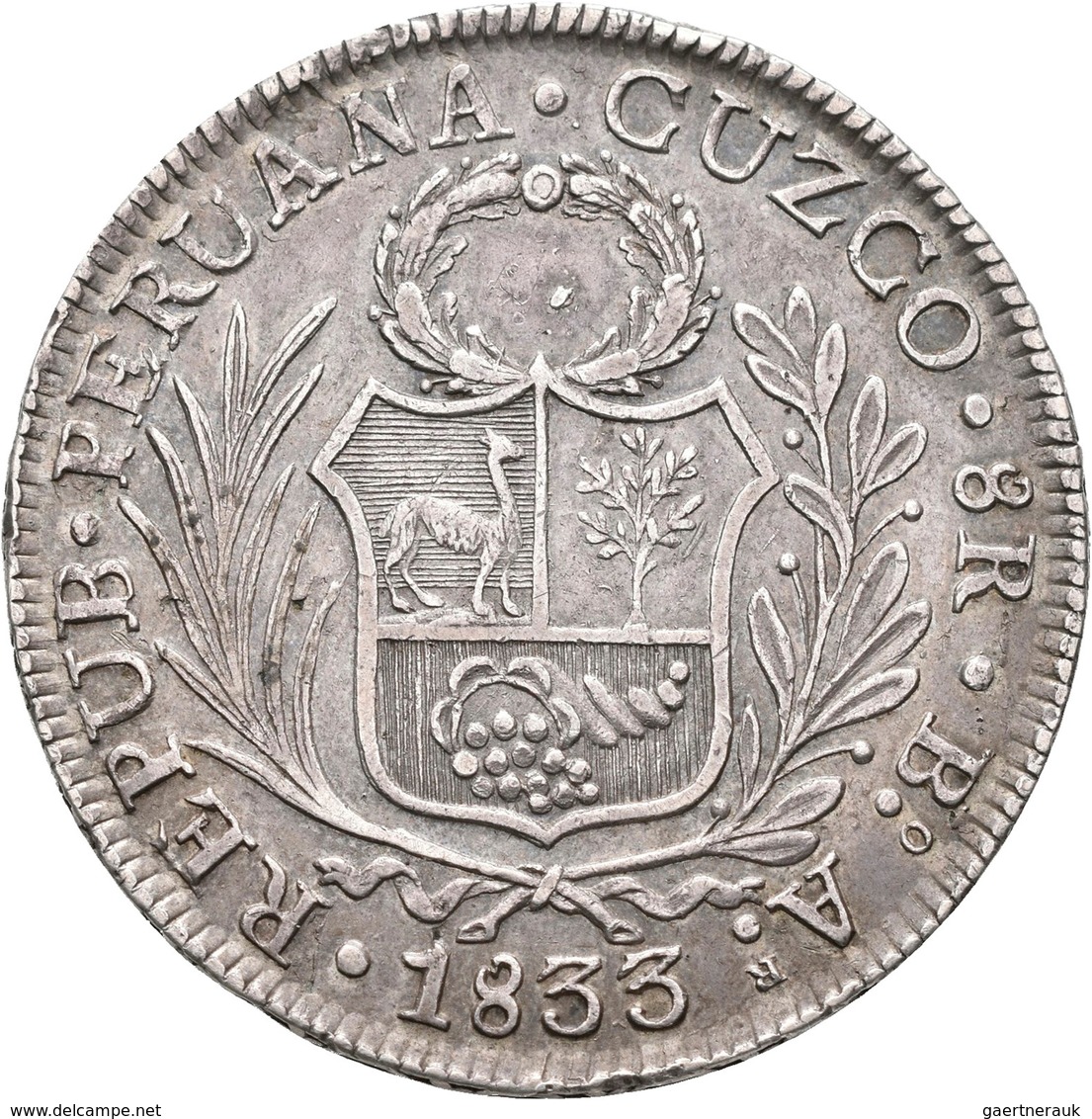 Peru: 8 Reales 1833 B, Cuzco, KM# 142.4, 26,77 G, Kratzer, Sehr Schön. - Perú