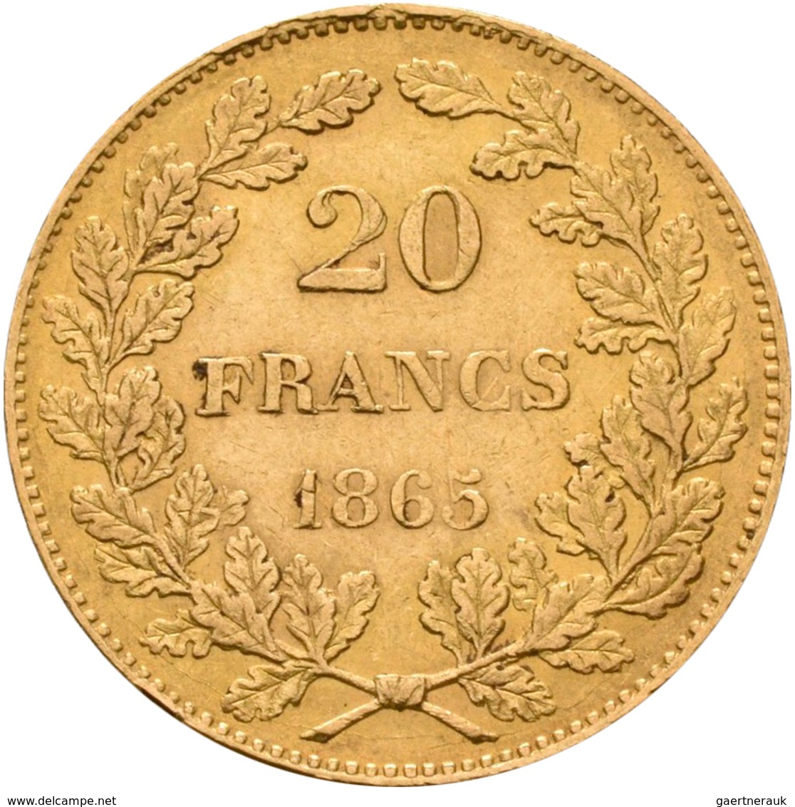 Belgien - Anlagegold: Leopold I. 1831-1865: 20 Francs 1865 L. WIENER, KM# 23, Friedberg 411. 6,43 G, - Otros & Sin Clasificación