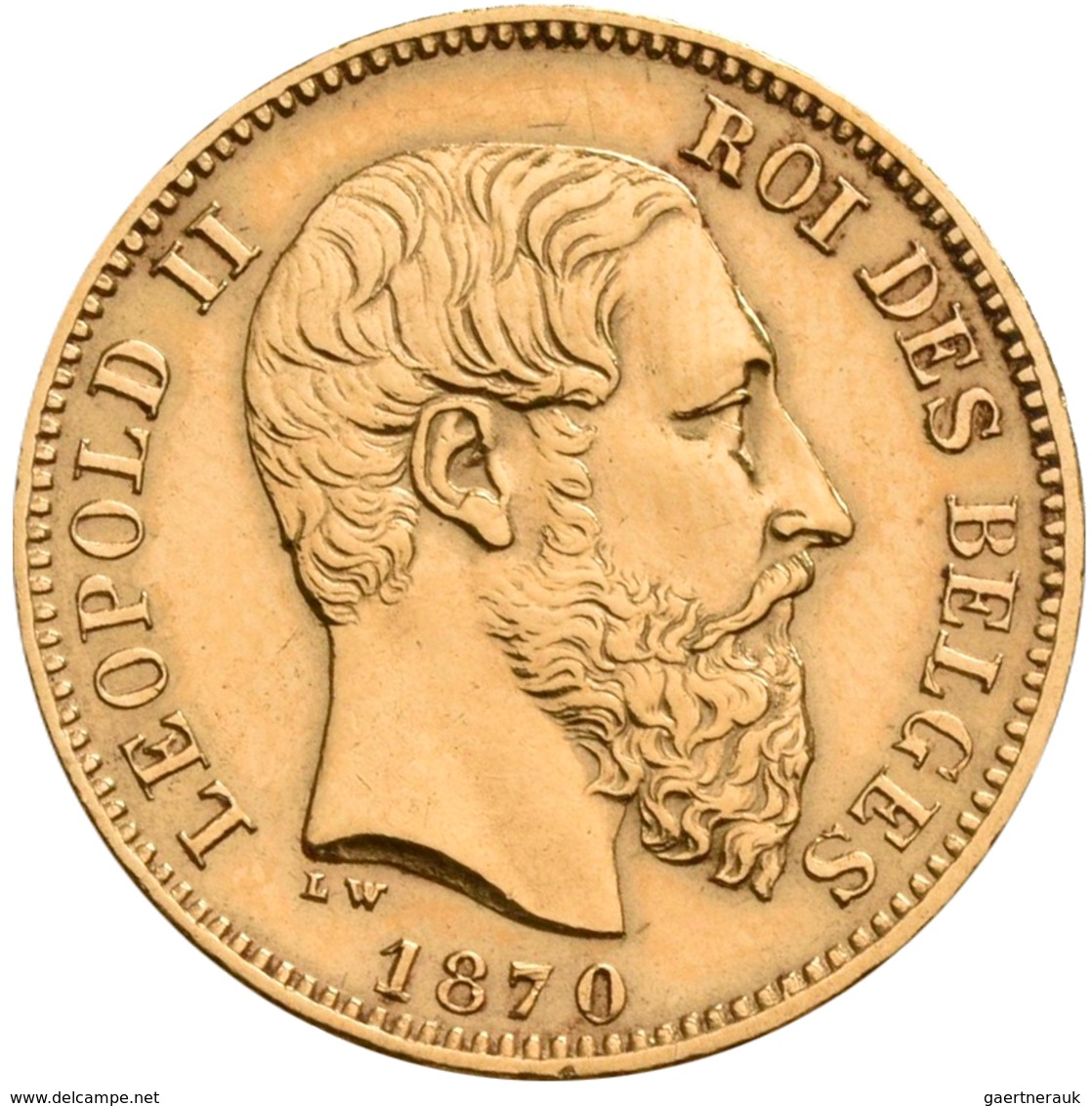 Belgien - Anlagegold: Leopold II. 1865-1909: 20 Francs 1870 LW (Pos. A), KM# 37, Friedberg 412. 6,43 - Altri & Non Classificati