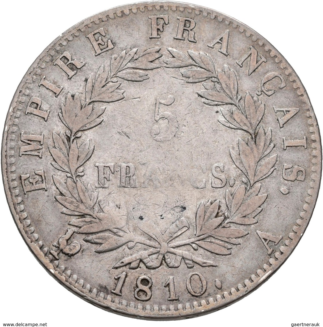 Frankreich: Napoleon I. 1804-1814: 5 Francs 1810 A, Paris, Gadoury 584, KM# 694.1, 24,59 G, Randfehl - Otros & Sin Clasificación