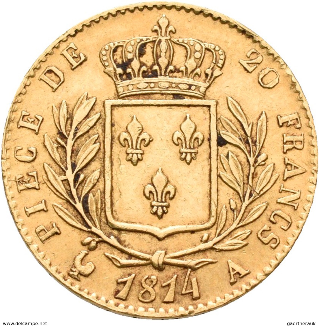 Frankreich - Anlagegold: Louis XVIII. / Erste Restauration 1814-1815: 20 Francs 1814 A, KM# 706.1, F - Altri & Non Classificati