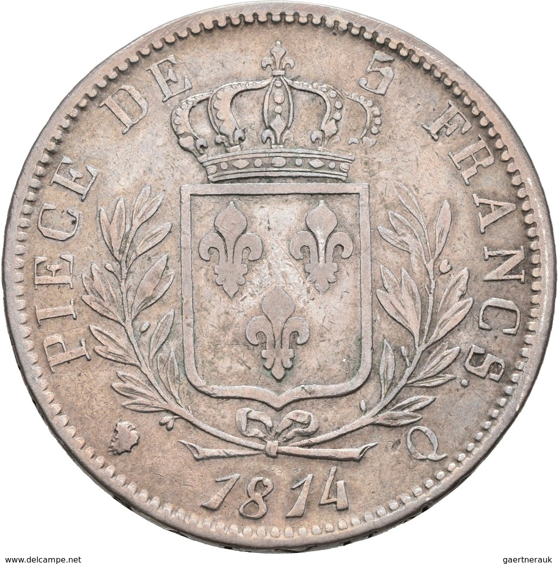 Frankreich: Louis XVIII. 1814,1815-1824: 5 Francs 1814 Q, Perpignan, Gadoury 591, KM 702.11, 24,72 G - Otros & Sin Clasificación