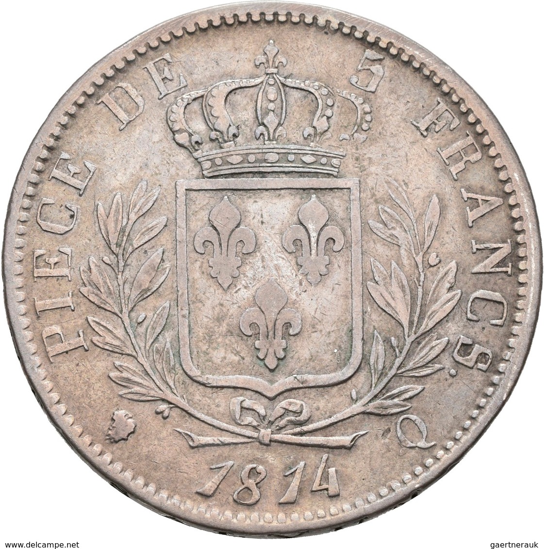 Frankreich: Louis XVIII. 1814,1815-1824: 5 Francs 1814 Q, Perpignan, Gadoury 591, KM 702.11, 24,72 G - Sonstige & Ohne Zuordnung