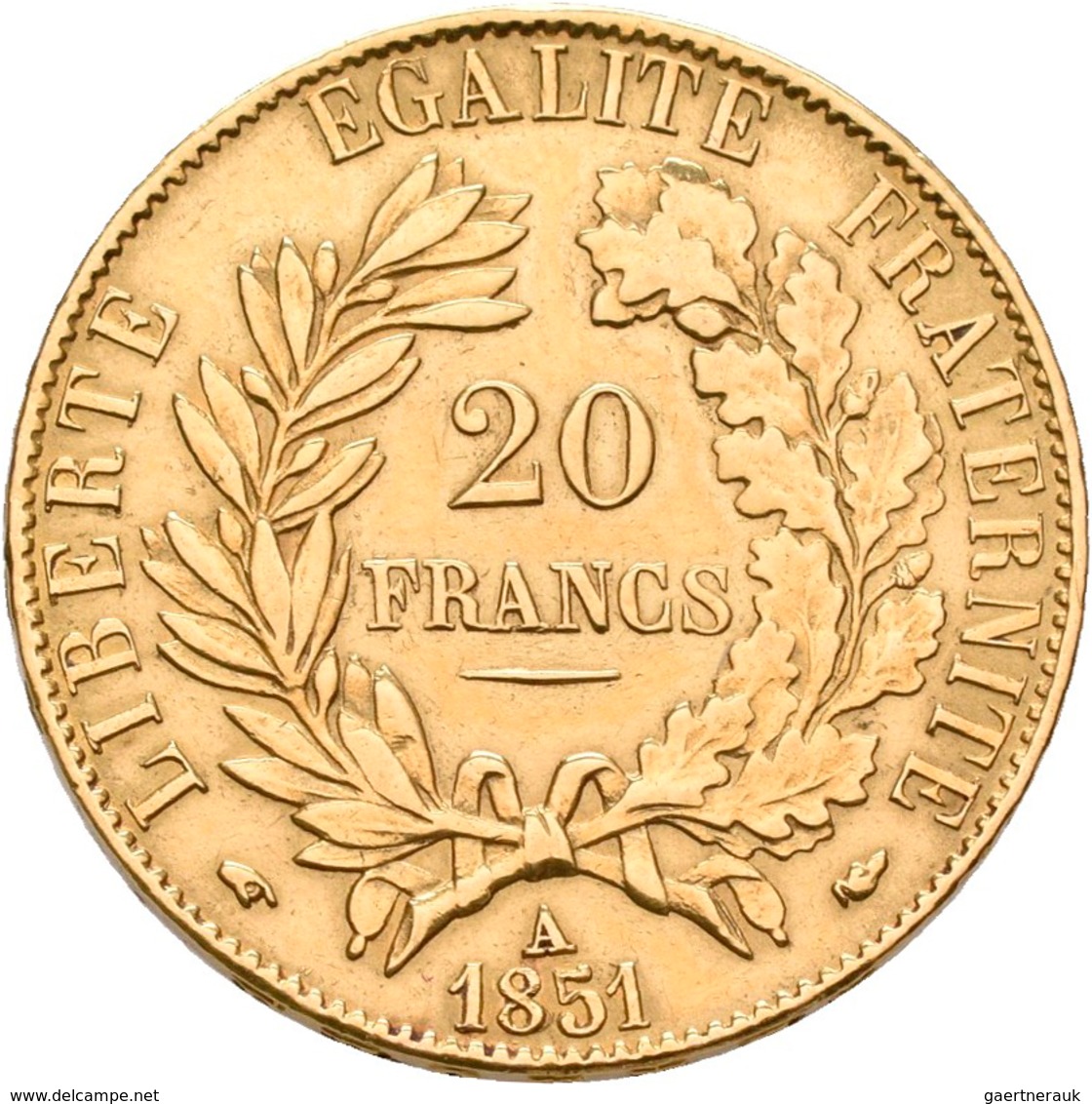 Frankreich - Anlagegold: 2. Republik 1848-1852: 20 Francs 1851 A, KM# 762, Friedberg 566. 6,42 G, 90 - Altri & Non Classificati