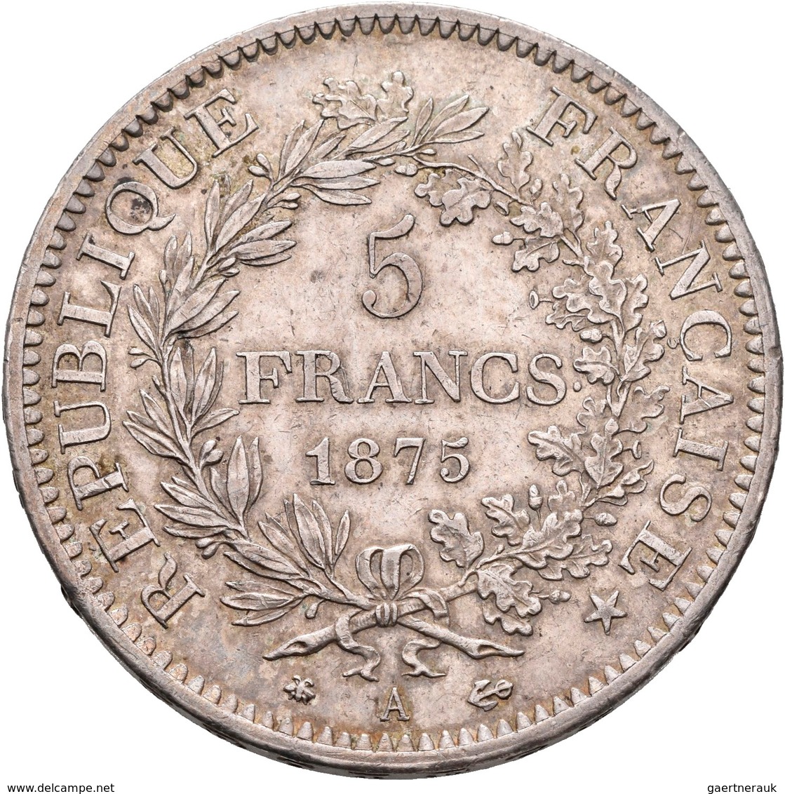 Frankreich: 3. Republik 1871-1940: 5 Francs 1875 A, Gadoury 745a, 25 G, Winz. Kratzer, Sonst Vorzügl - Altri & Non Classificati