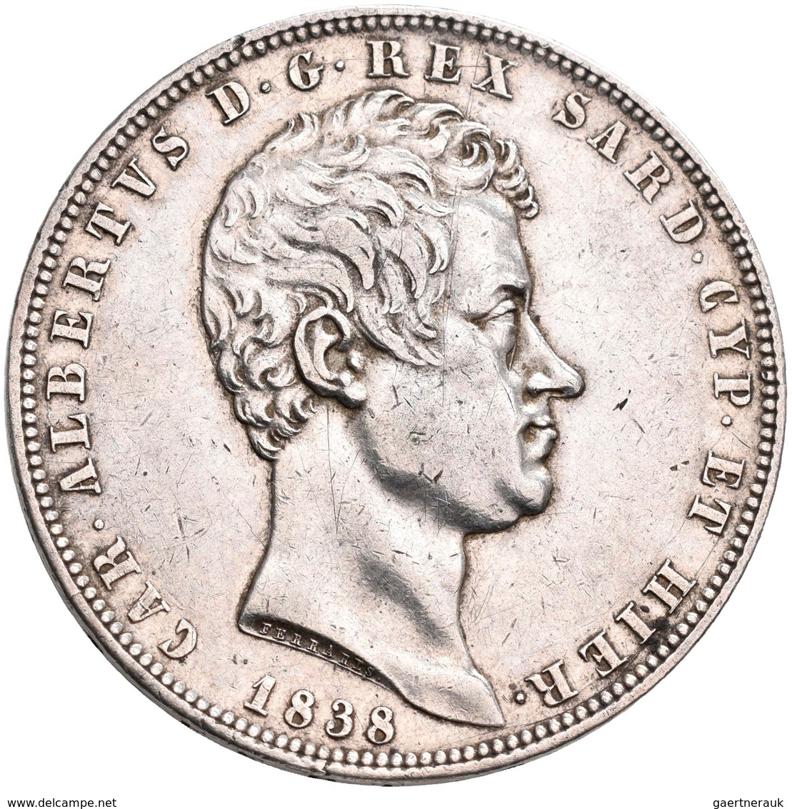 Italien: Sardinien, Carlo Alberto 1831-1849: 5 Lire 1838 Genova, Gigante 67, Montenegro 119, Pagani - 1861-1878 : Víctor Emmanuel II