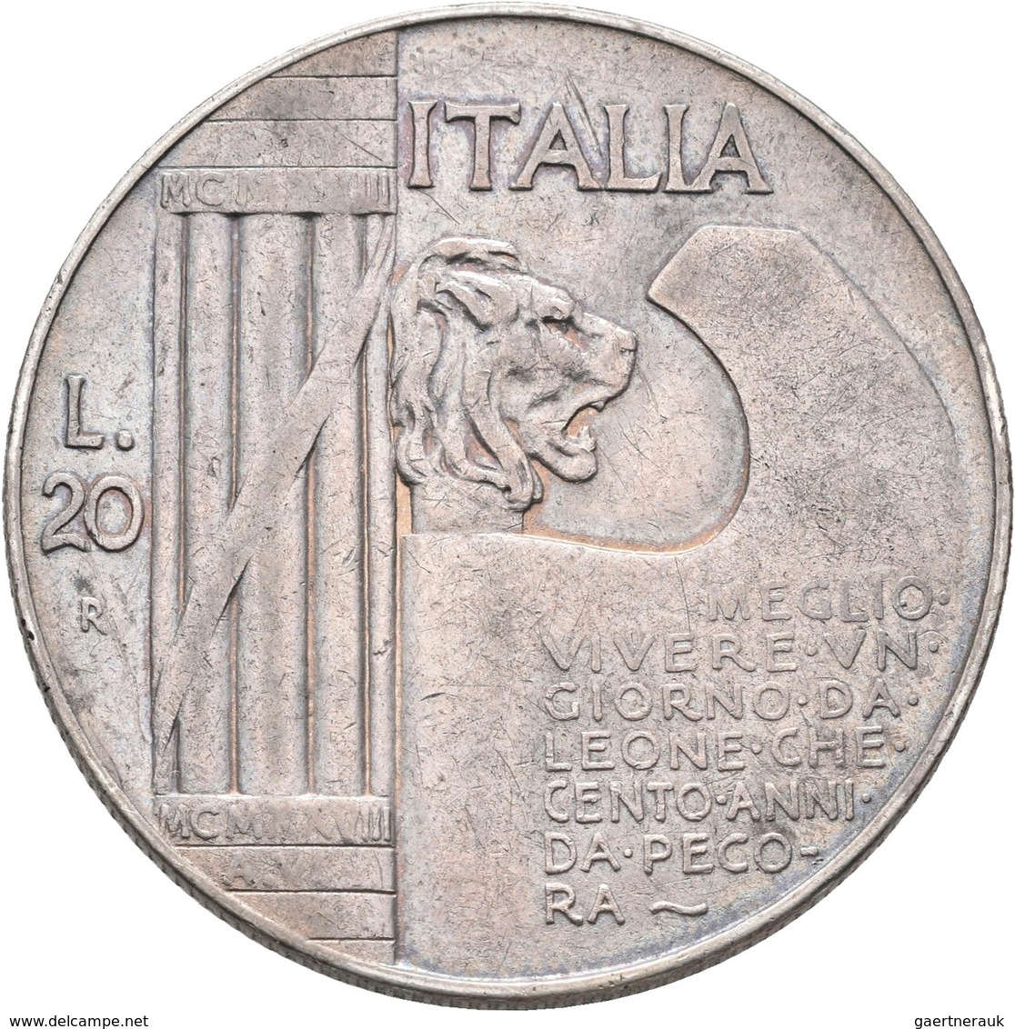 Italien: Vittorio Emanuele III. 1900-1943: 20 Lire 1928, Gigante 44, 19,87 G, Sehr Schön. - 1861-1878 : Victor Emmanuel II.