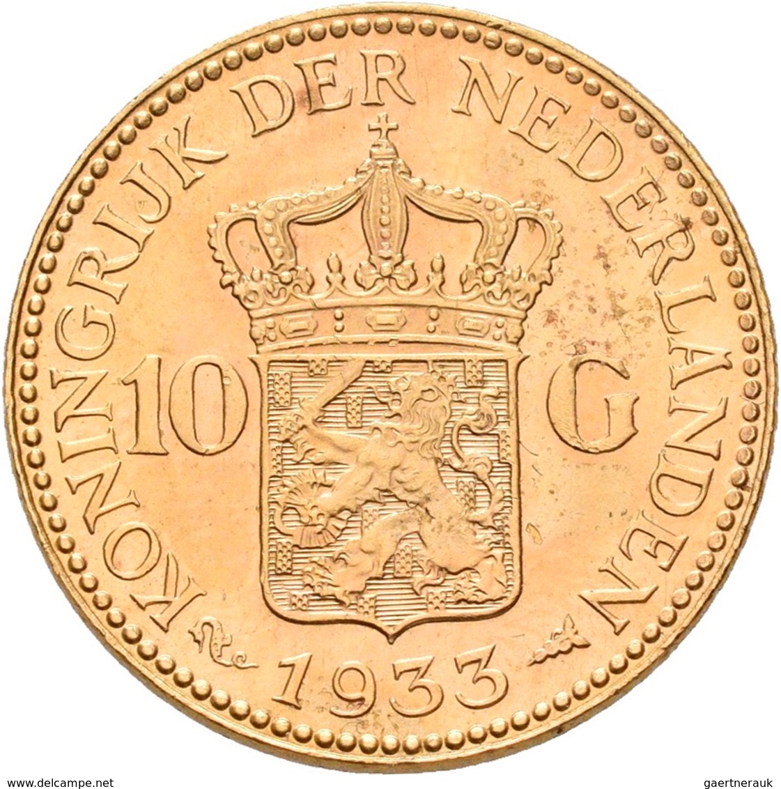 Niederlande - Anlagegold: Wilhelmina 1890-1948: 10 Gulden 1933, KM# 162, Friedberg 351. 6,72 G, 900/ - Gold- & Silbermünzen