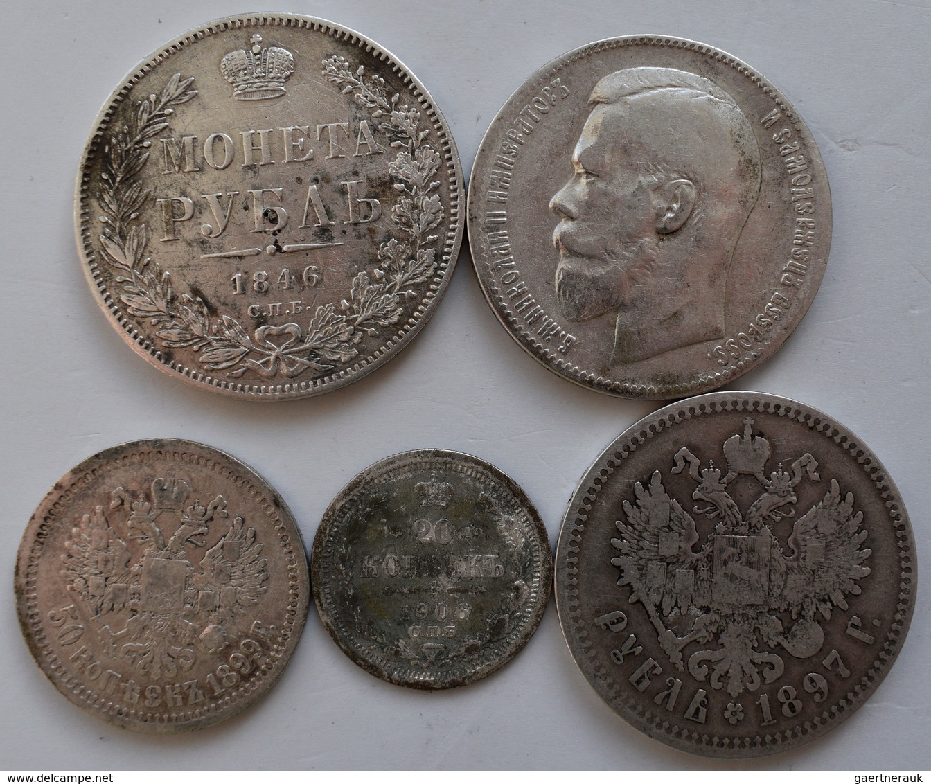 Russland: Kleines Lot 5 Münzen, Dabei: 1 Rubel 1846;2 X 1 Rubel 1897, 50 Kop 1899 Und 20 Kop 1906. - Russland