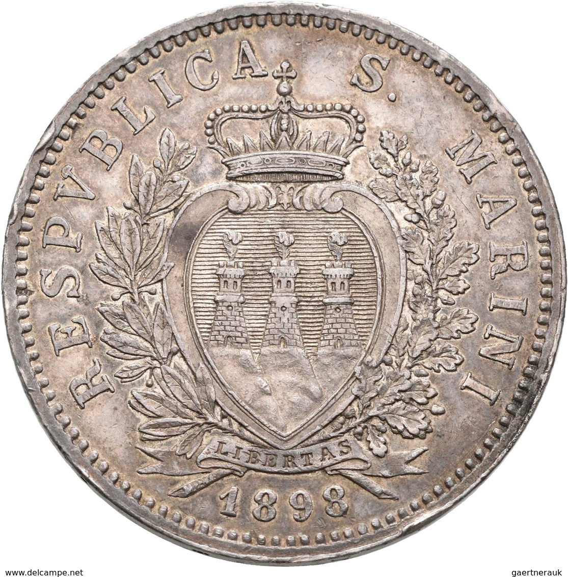 San Marino: 5 Lire 1898, Gigante 17, Montenegro 1, Pagani 357, Kratzer, Randfehler, Sehr Schön-vorzü - San Marino