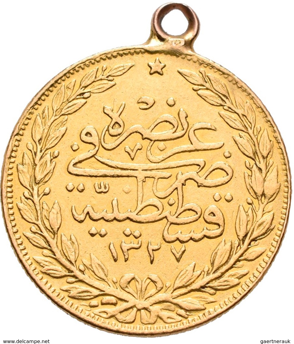 Türkei - Anlagegold: Muhammad V. 1909-1918 (AH 1327-1336): 100 Kurush AH 1327/3, Gold 917/1000, 7,26 - Turchia