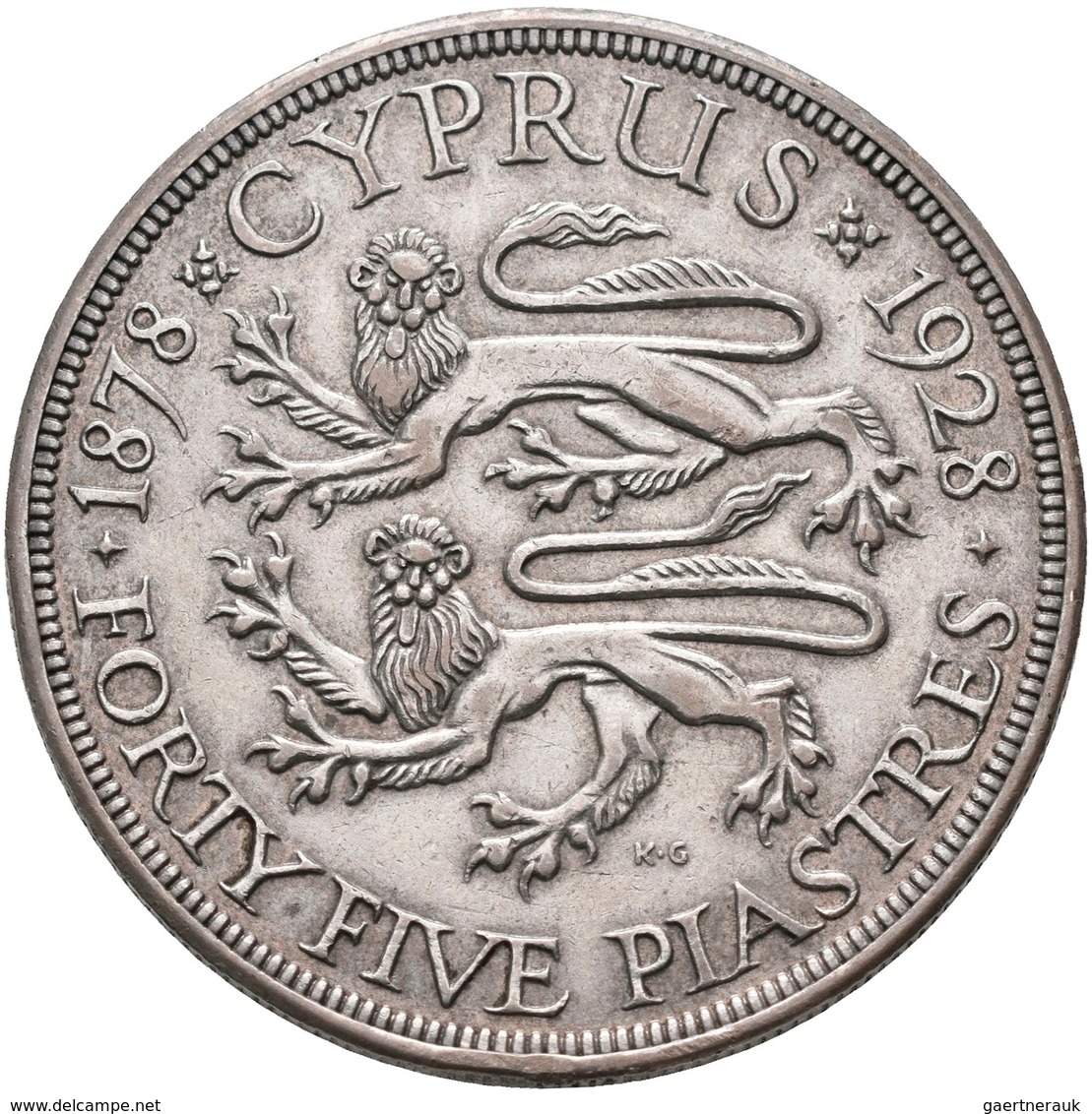 Zypern: George V. 1910-1936: 45 Piastres 1928, KM# 19, Kl. Kratzer, Fast Vorzüglich. - Cipro