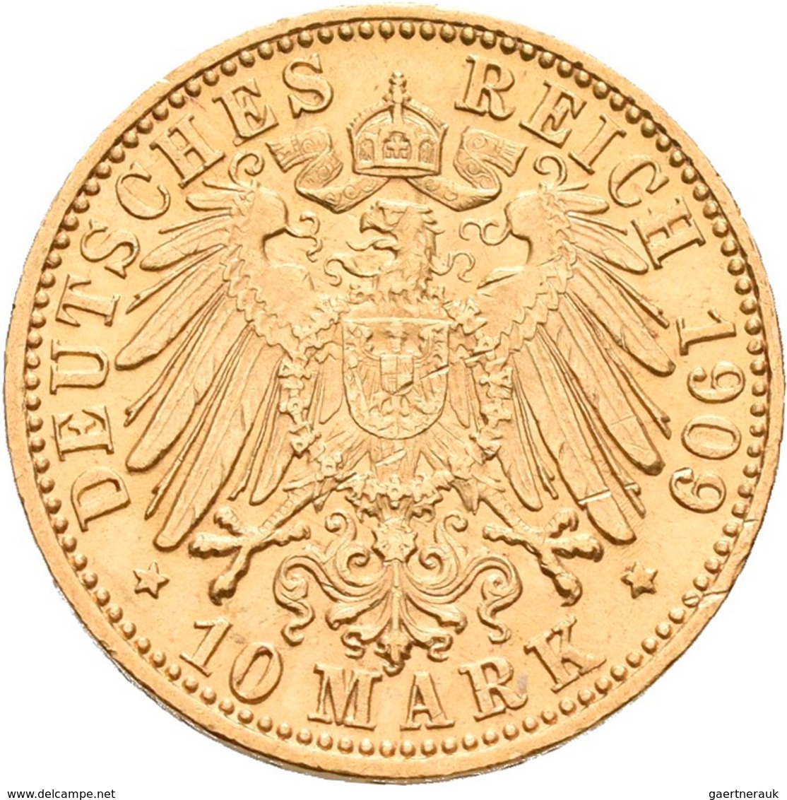 Baden: Friedrich II. 1907-1918: 10 Mark 1909 G, Jaeger 191. 3,98 G, 900/1000 Gold, Kleine Kratzer, S - Goldmünzen