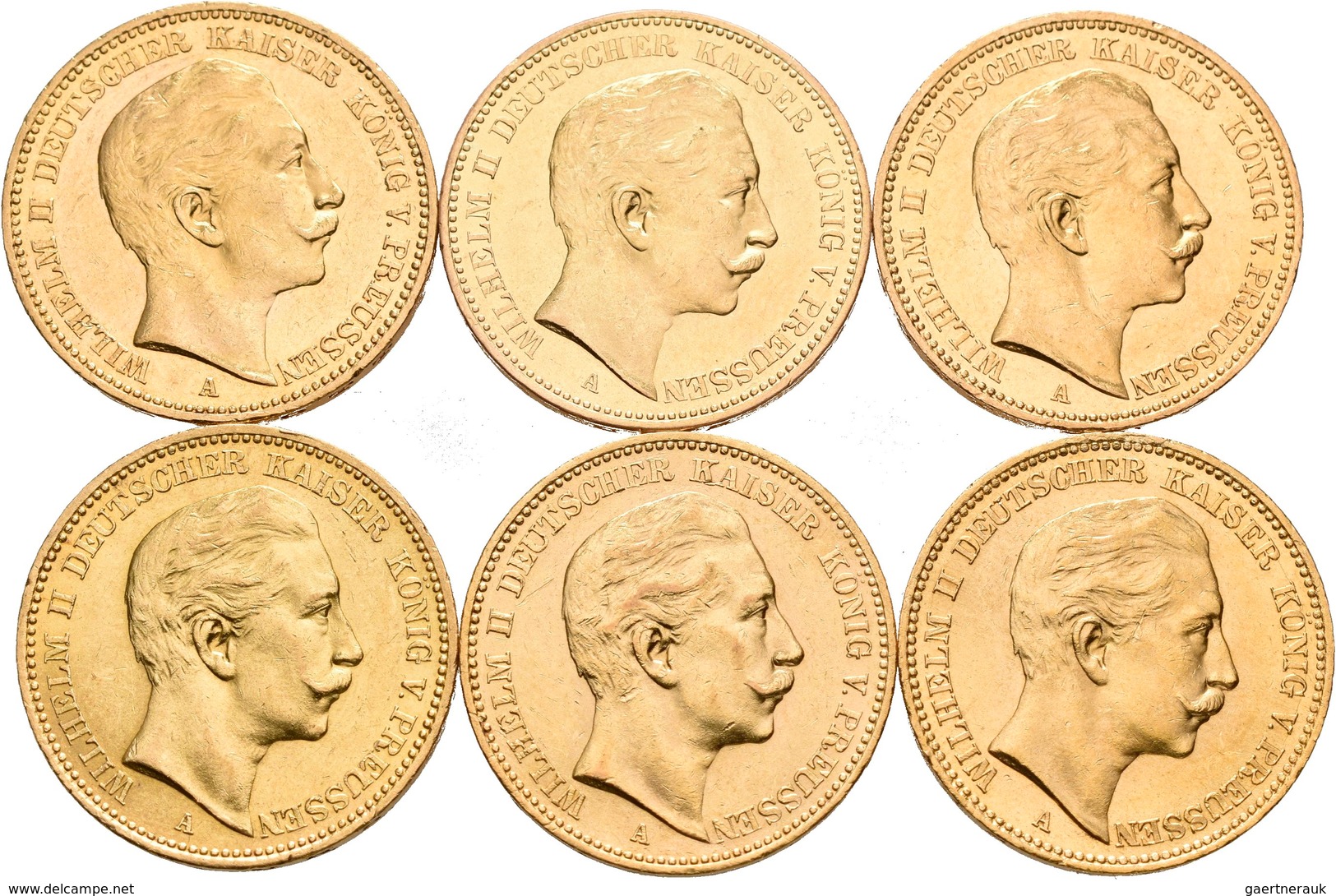 Preußen: Lot 6 Goldmünzen, Wilhelm II. 1888-1918: 20 Mark 1900 A / 1901 A / 1902 A / 1903 A / 1904 A - Goldmünzen