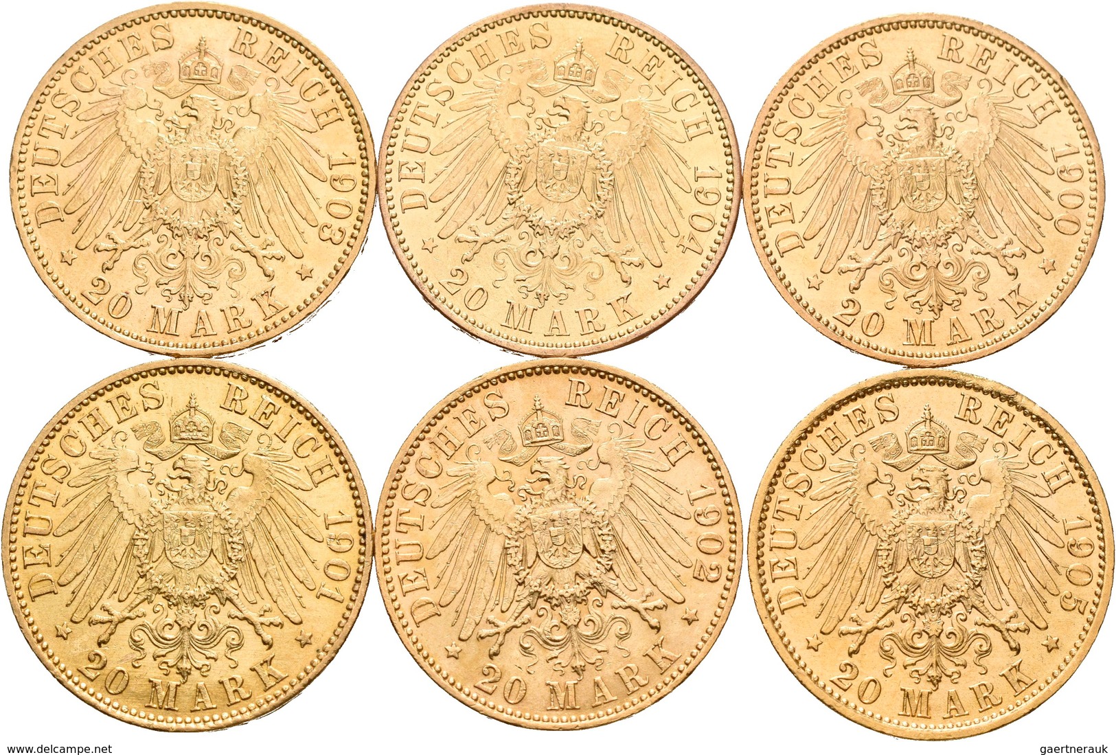 Preußen: Lot 6 Goldmünzen, Wilhelm II. 1888-1918: 20 Mark 1900 A / 1901 A / 1902 A / 1903 A / 1904 A - Gold Coins