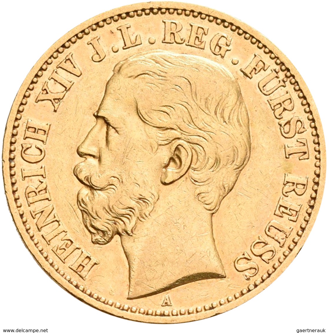 Reuß Jüngerer Linie: Heinrich XIV. 1867-1913: 20 Mark 1881 A, Jaeger 256. 7,91 G, 900/1000 Gold. Auf - Goldmünzen