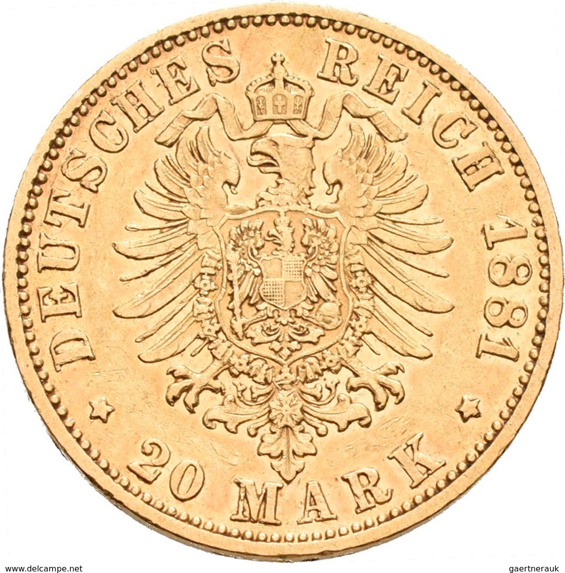 Reuß Jüngerer Linie: Heinrich XIV. 1867-1913: 20 Mark 1881 A, Jaeger 256. 7,91 G, 900/1000 Gold. Auf - Goldmünzen