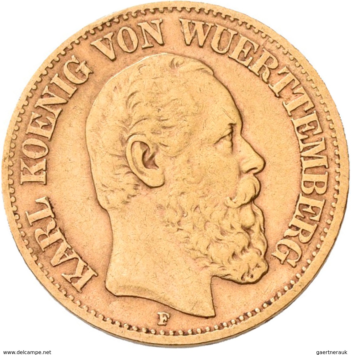 Württemberg: Karl 1864-1891: 10 Mark 1877 F, Jaeger 292. 3,91 G, 900/1000 Gold. Kleiner Randschlag, - Goldmünzen